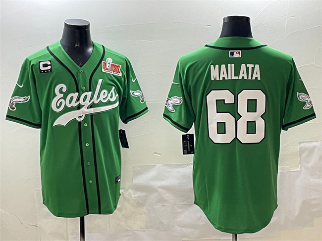 Men's Philadelphia Eagles #68 Jordan Mailata Green 2025 Super Bowl LIX And 3-Star C Patch Stitched Baseball Jersey Men's Philadelphia Eagles #68 Jordan Mailata Green 2025 Super Bowl LIX And 3-Star C Patch Stitched Baseball Jersey